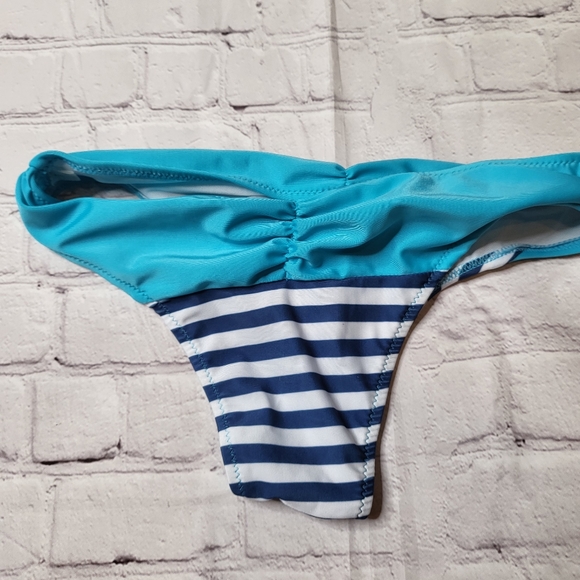 Turquoise Navy Blue Stripe Bikini - Cheeky Bottoms - Push-Up Cups - Size L - Picture 3 of 12